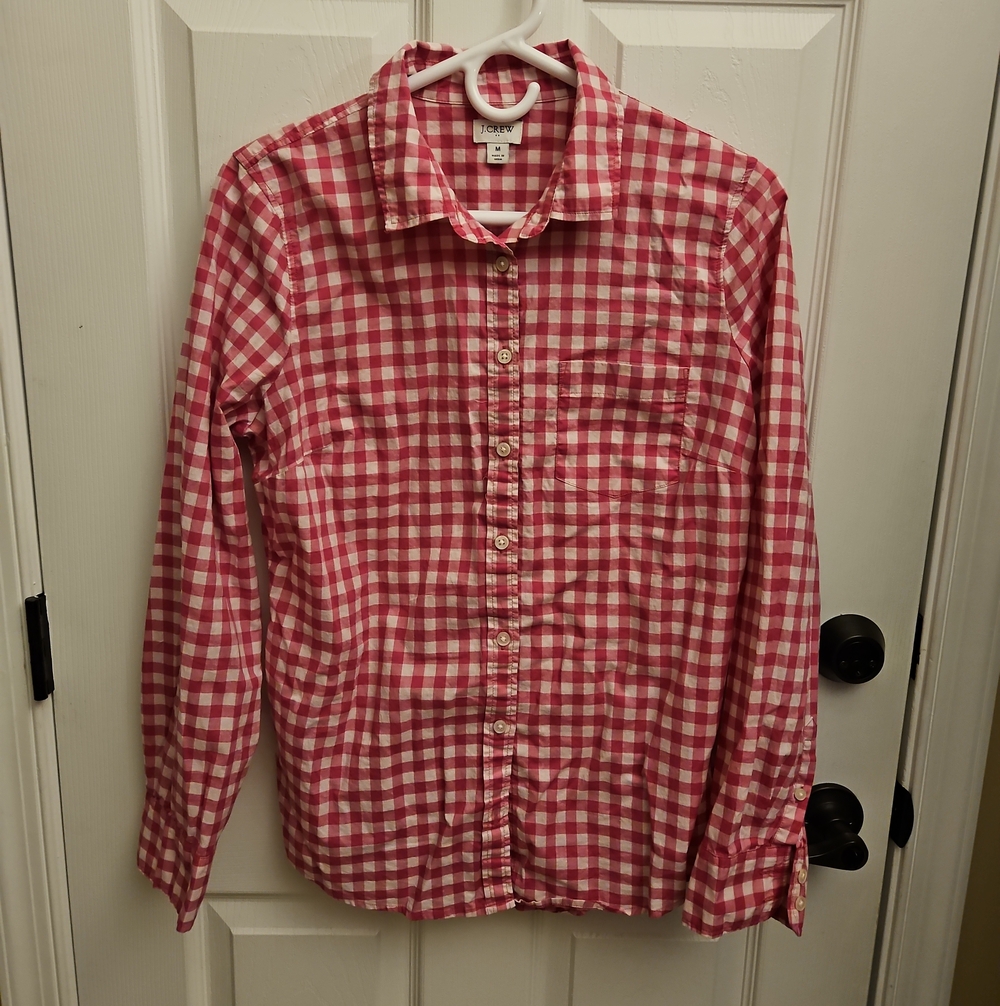J. Crew Pink and White Gingham Button-Up Shirt